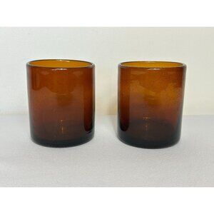 Set of 2 Amber 14oz Handblown Bubble Lowball Glasses